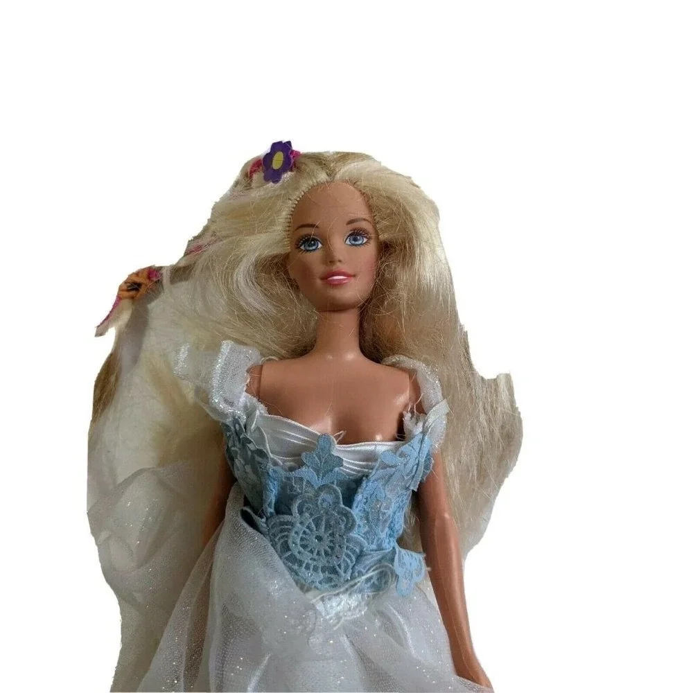 Mattel Barbie Doll Vintage Blonde Long Hair‎ Blue Lace White Glitter Gown G8361